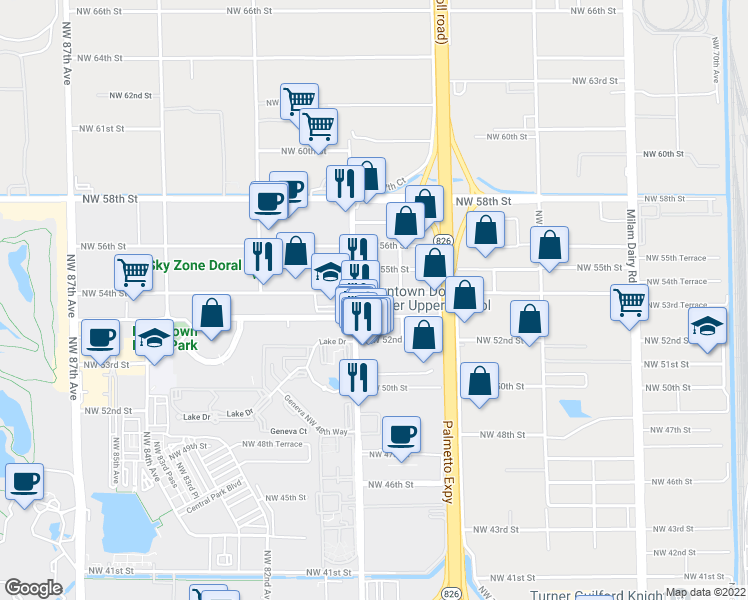 map of restaurants, bars, coffee shops, grocery stores, and more near 7856 Northwest 54th Street in Doral