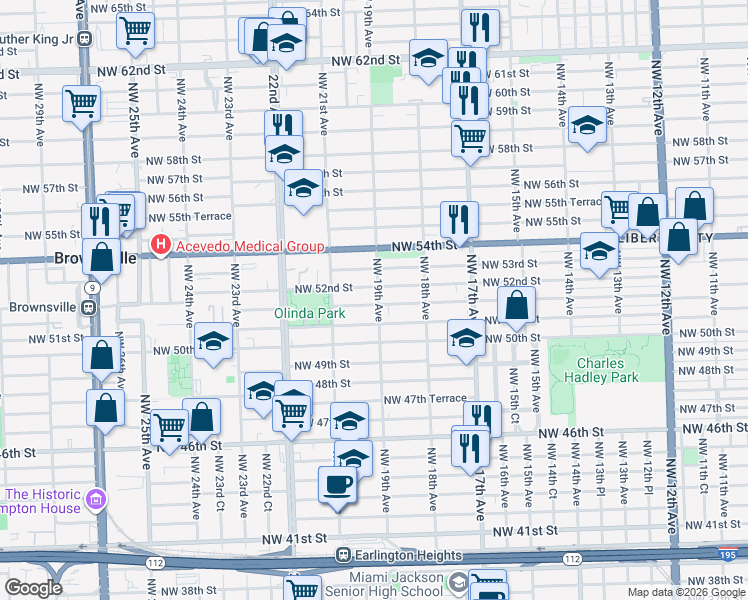 map of restaurants, bars, coffee shops, grocery stores, and more near 1918 Northwest 52nd Street in Miami
