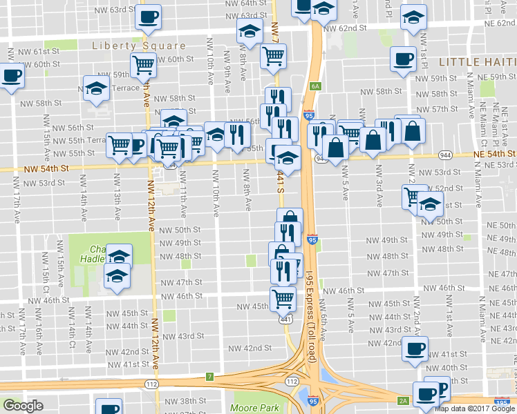 map of restaurants, bars, coffee shops, grocery stores, and more near 775 Northwest 51st Street in Miami