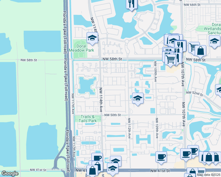 map of restaurants, bars, coffee shops, grocery stores, and more near 11312 Northwest 54th Terrace in Doral