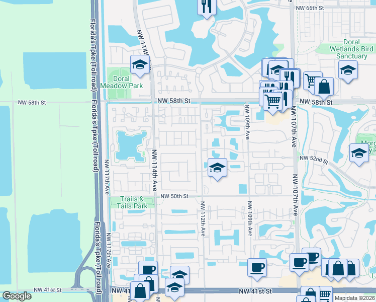 map of restaurants, bars, coffee shops, grocery stores, and more near 11239 Northwest 53rd Lane in Doral