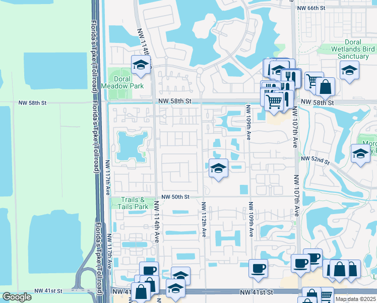 map of restaurants, bars, coffee shops, grocery stores, and more near 11239 Northwest 53rd Lane in Doral