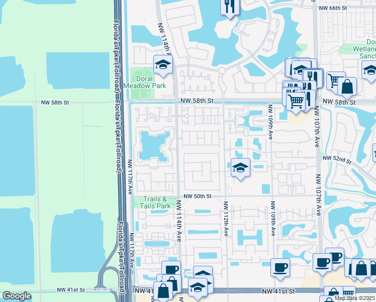 map of restaurants, bars, coffee shops, grocery stores, and more near 11312 Northwest 54th Terrace in Doral