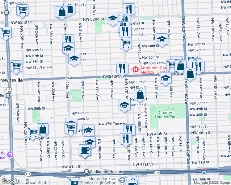 map of restaurants, bars, coffee shops, grocery stores, and more near 1781 Northwest 51st Terrace in Miami