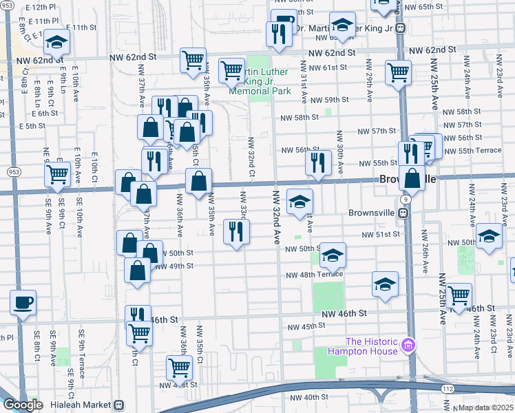 map of restaurants, bars, coffee shops, grocery stores, and more near 3261 Northwest 52nd Street in Miami