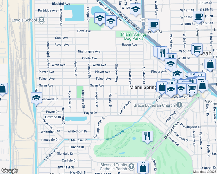 map of restaurants, bars, coffee shops, grocery stores, and more near 296 Navajo Street in Miami Springs