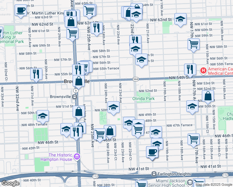 map of restaurants, bars, coffee shops, grocery stores, and more near 2312 Northwest 52nd Street in Miami