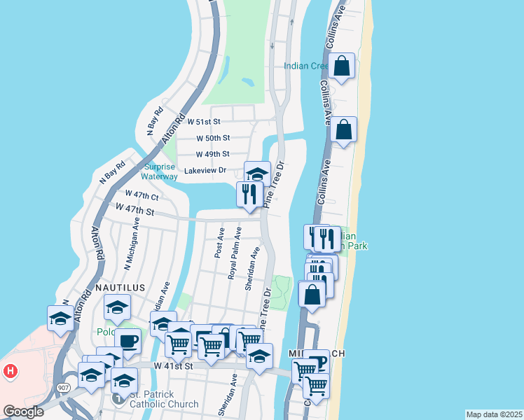 map of restaurants, bars, coffee shops, grocery stores, and more near 4721 Pine Tree Drive in Miami Beach