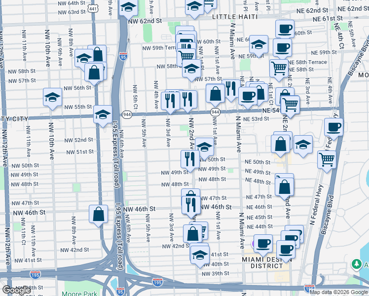 map of restaurants, bars, coffee shops, grocery stores, and more near 231 Northwest 51st Street in Miami