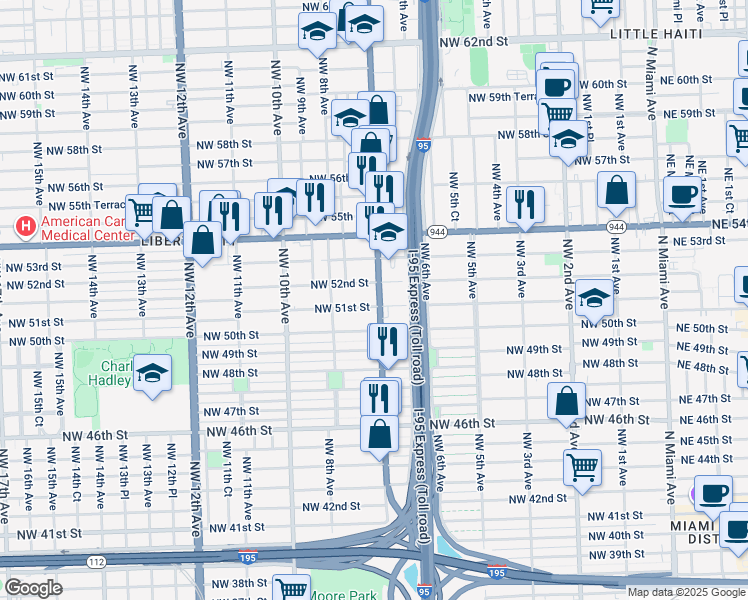 map of restaurants, bars, coffee shops, grocery stores, and more near 5121 Northwest 7th Avenue in Miami