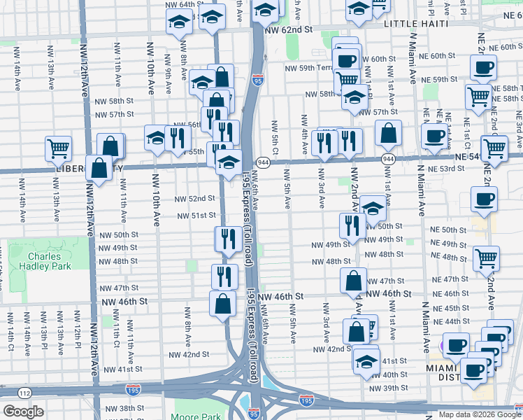 map of restaurants, bars, coffee shops, grocery stores, and more near 585 Northwest 51st Street in Miami