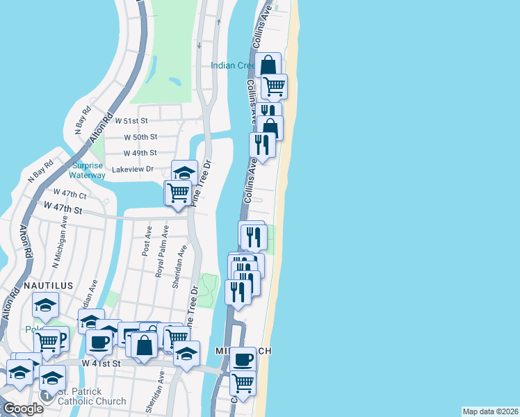 map of restaurants, bars, coffee shops, grocery stores, and more near 4775 Collins Avenue in Miami