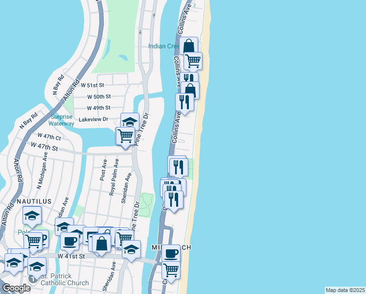 map of restaurants, bars, coffee shops, grocery stores, and more near 4775 Collins Avenue in Miami