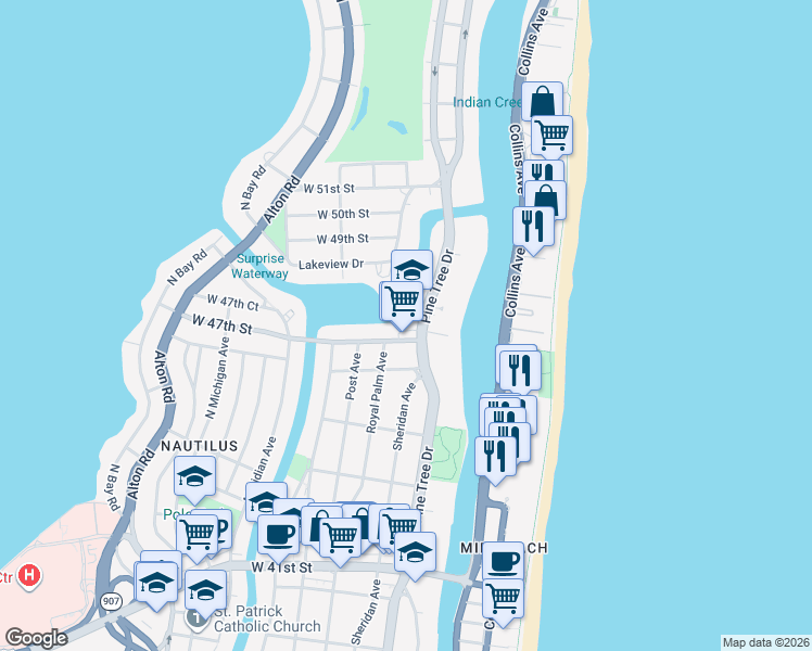 map of restaurants, bars, coffee shops, grocery stores, and more near 353 West 47th Street in Miami Beach