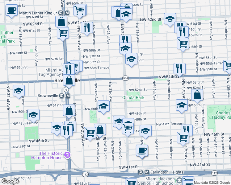 map of restaurants, bars, coffee shops, grocery stores, and more near 2244 Northwest 52nd Street in Miami