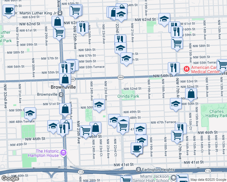 map of restaurants, bars, coffee shops, grocery stores, and more near 2244 Northwest 52nd Street in Miami