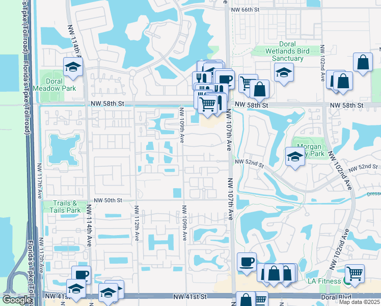 map of restaurants, bars, coffee shops, grocery stores, and more near 10853 Northwest 53rd Lane in Doral