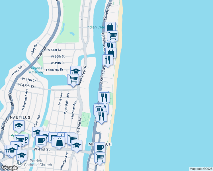 map of restaurants, bars, coffee shops, grocery stores, and more near 4775 Collins Avenue in Miami