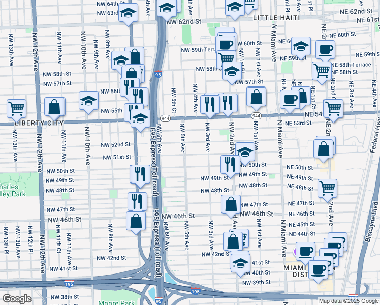 map of restaurants, bars, coffee shops, grocery stores, and more near 441 Northwest 51st Street in Miami