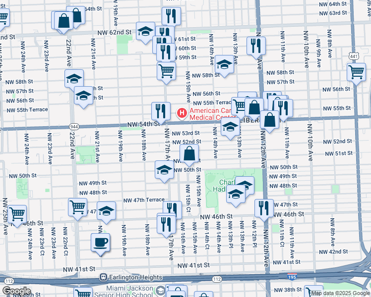 map of restaurants, bars, coffee shops, grocery stores, and more near 1529 Northwest 51st Terrace in Miami