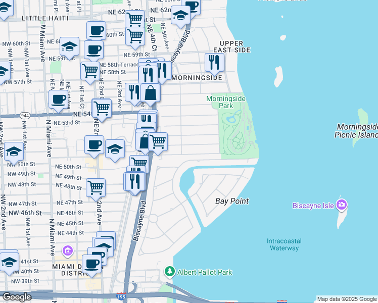 map of restaurants, bars, coffee shops, grocery stores, and more near 525 Northeast 50th Terrace in Miami