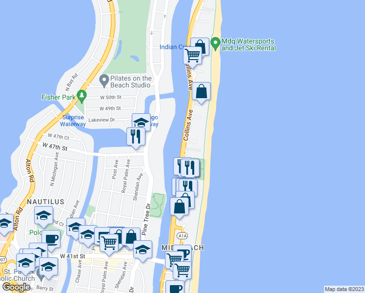 map of restaurants, bars, coffee shops, grocery stores, and more near Collins Avenue in Miami Beach