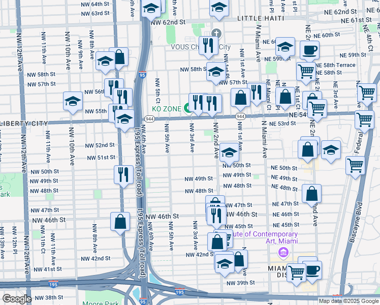 map of restaurants, bars, coffee shops, grocery stores, and more near 301 Northwest 51st Street in Miami
