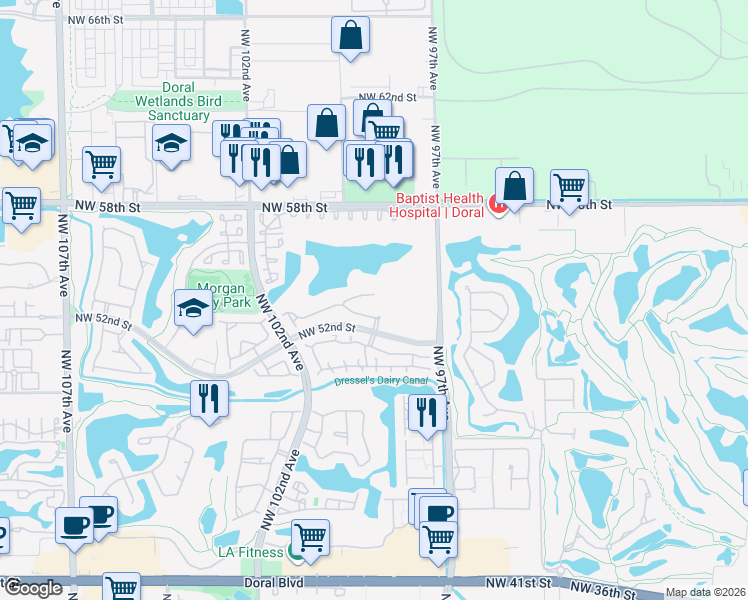 map of restaurants, bars, coffee shops, grocery stores, and more near 9852 Northwest 52nd Lane in Doral
