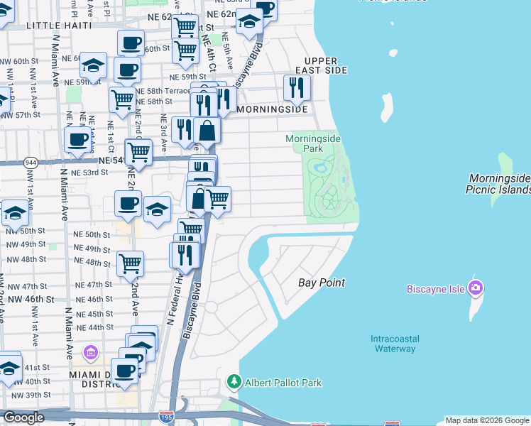 map of restaurants, bars, coffee shops, grocery stores, and more near 525 Northeast 50th Terrace in Miami