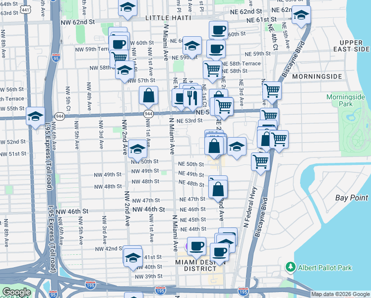 map of restaurants, bars, coffee shops, grocery stores, and more near 56 Northeast 51st Street in Miami
