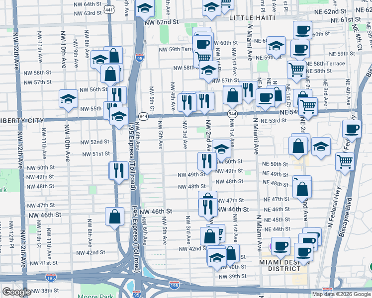 map of restaurants, bars, coffee shops, grocery stores, and more near 301 Northwest 51st Street in Miami