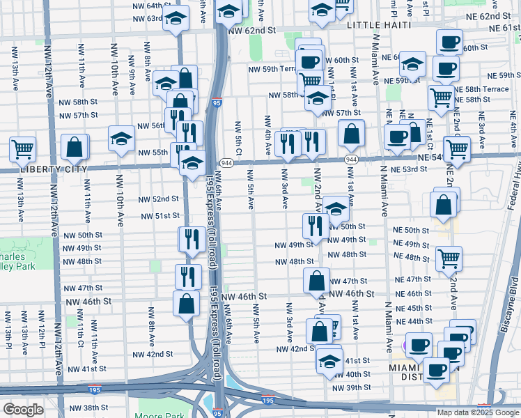 map of restaurants, bars, coffee shops, grocery stores, and more near 441 Northwest 51st Street in Miami