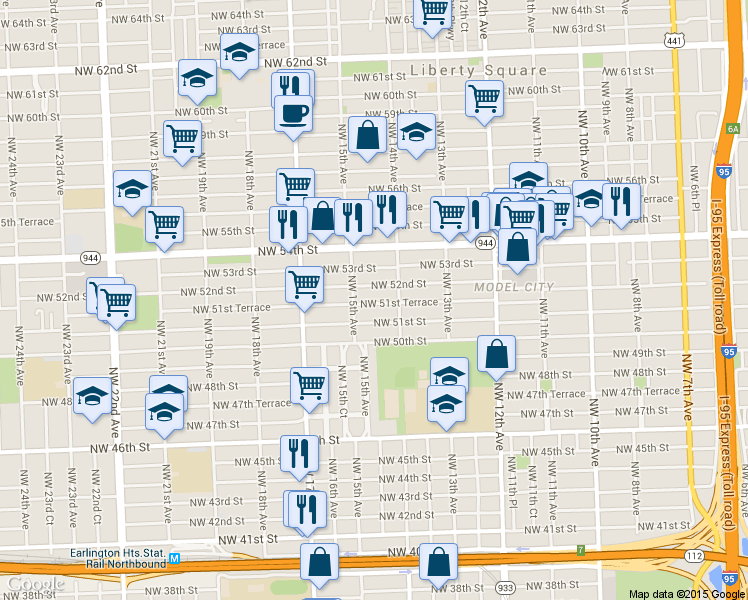 map of restaurants, bars, coffee shops, grocery stores, and more near 1453 Northwest 51st Terrace in Miami