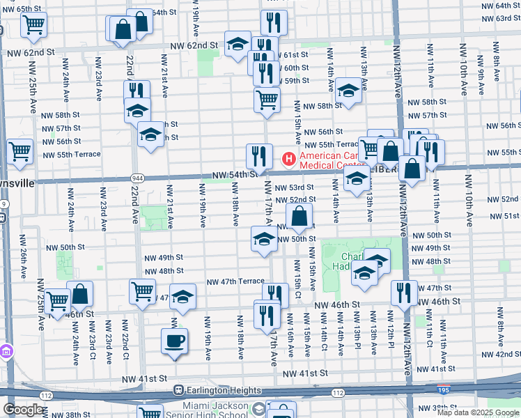 map of restaurants, bars, coffee shops, grocery stores, and more near 5155 Northwest 17th Avenue in Miami
