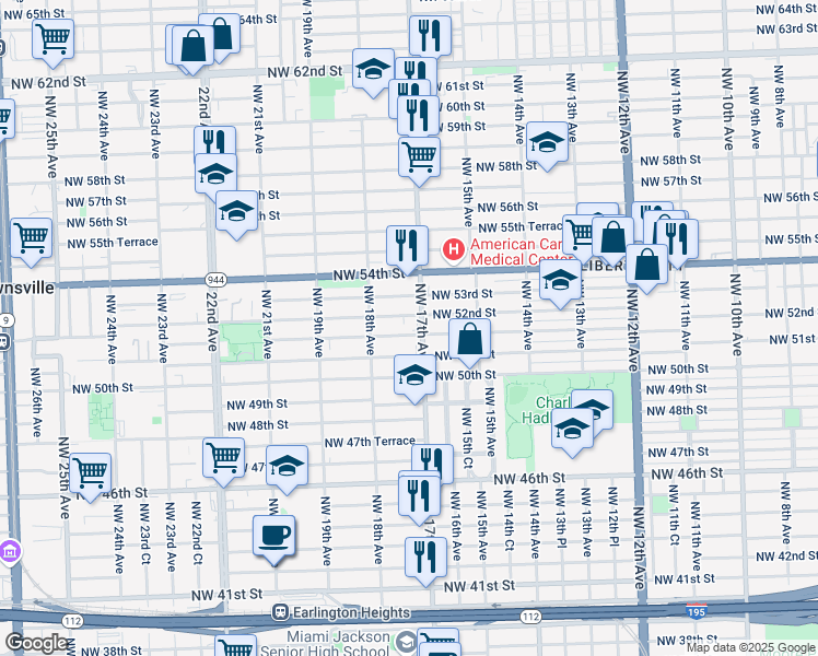 map of restaurants, bars, coffee shops, grocery stores, and more near 5155 Northwest 17th Avenue in Miami
