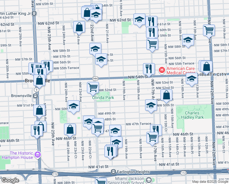 map of restaurants, bars, coffee shops, grocery stores, and more near 5195 Northwest 21st Avenue in Miami