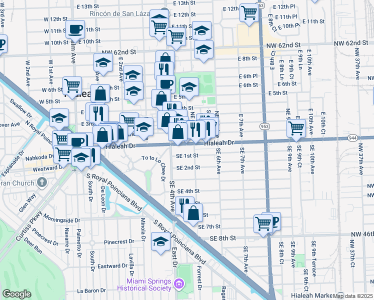map of restaurants, bars, coffee shops, grocery stores, and more near 410 Hialeah Drive in Hialeah