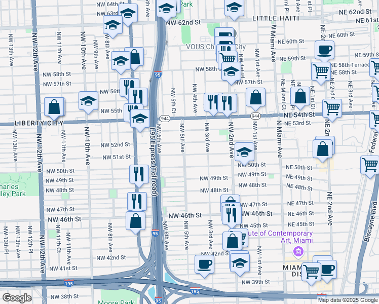 map of restaurants, bars, coffee shops, grocery stores, and more near 441 Northwest 51st Street in Miami