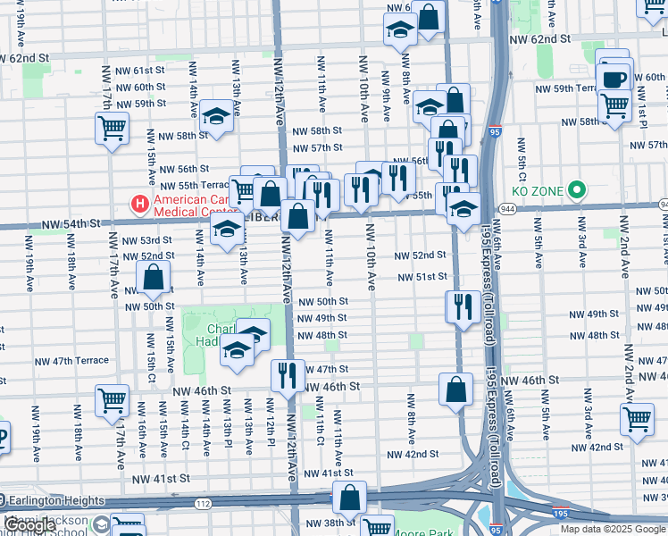 map of restaurants, bars, coffee shops, grocery stores, and more near 5153 Northwest 11th Avenue in Miami