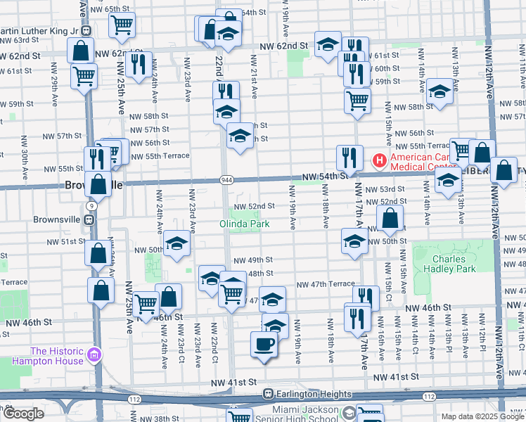 map of restaurants, bars, coffee shops, grocery stores, and more near 5195 Northwest 21st Avenue in Miami