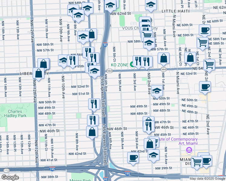 map of restaurants, bars, coffee shops, grocery stores, and more near 555 Northwest 51st Street in Miami