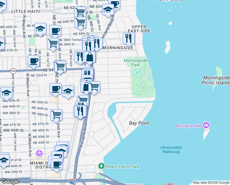 map of restaurants, bars, coffee shops, grocery stores, and more near 525 Northeast 50th Terrace in Miami