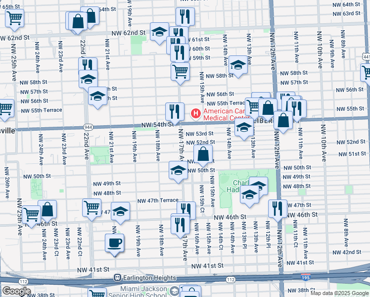 map of restaurants, bars, coffee shops, grocery stores, and more near 5155 Northwest 17th Avenue in Miami