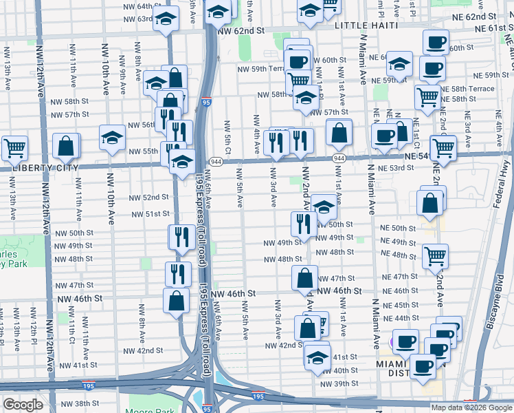 map of restaurants, bars, coffee shops, grocery stores, and more near 401 Northwest 51st Street in Miami