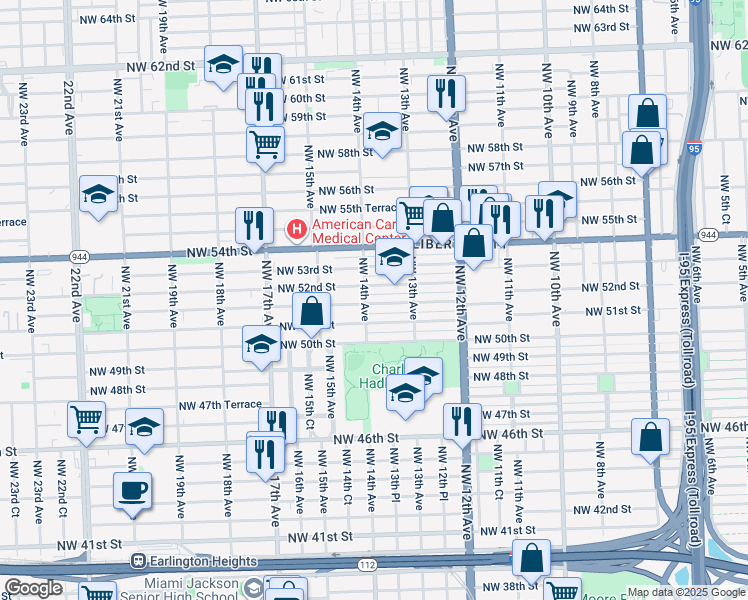 map of restaurants, bars, coffee shops, grocery stores, and more near 1381 Northwest 51st Terrace in Miami