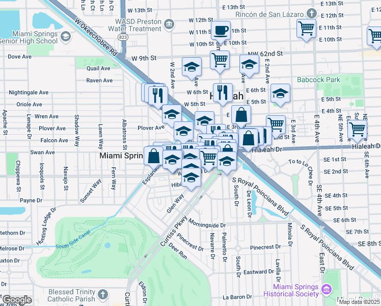 map of restaurants, bars, coffee shops, grocery stores, and more near 51 Park Street in Miami Springs