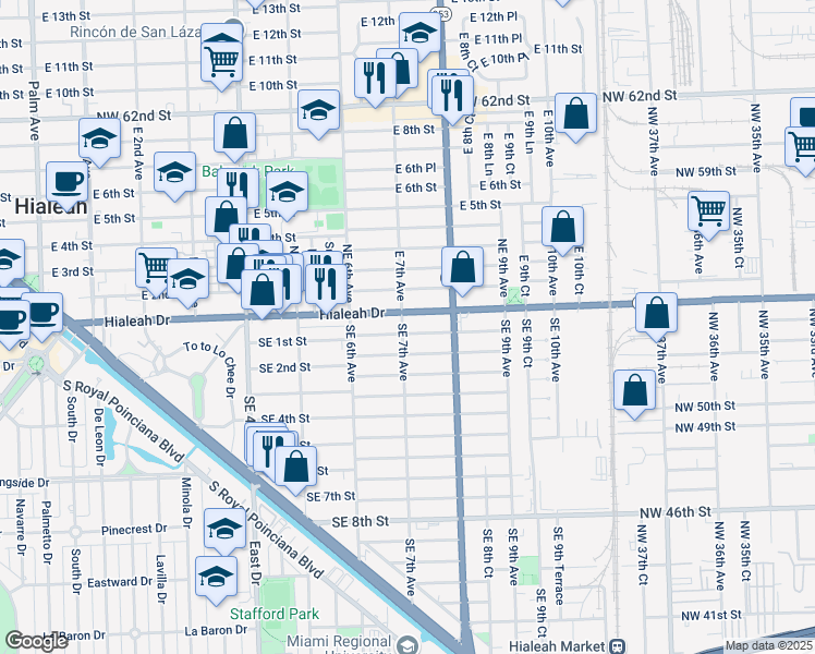 map of restaurants, bars, coffee shops, grocery stores, and more near 741 Southeast 1st Street in Hialeah