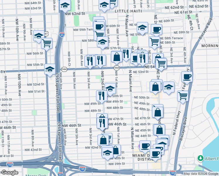 map of restaurants, bars, coffee shops, grocery stores, and more near 169 Northwest 51st Street in Miami
