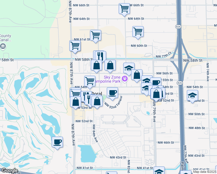 map of restaurants, bars, coffee shops, grocery stores, and more near 8355 Northwest 54th Street in Doral