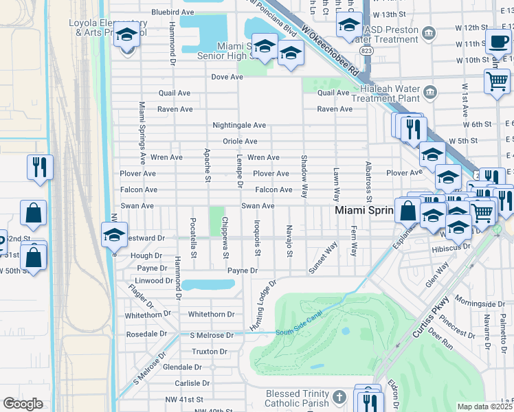 map of restaurants, bars, coffee shops, grocery stores, and more near Swan Avenue in Miami